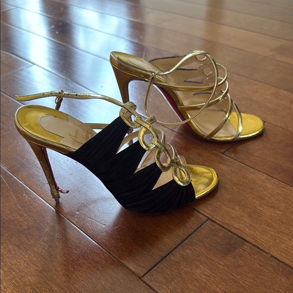 Christian Louboutin Gold and Black Strappy Heels